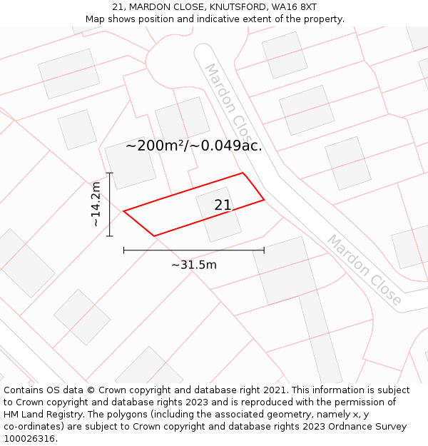 21, MARDON CLOSE, KNUTSFORD, WA16 8XT: Plot and title map