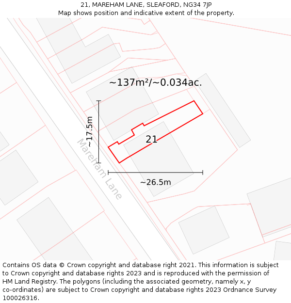 21, MAREHAM LANE, SLEAFORD, NG34 7JP: Plot and title map