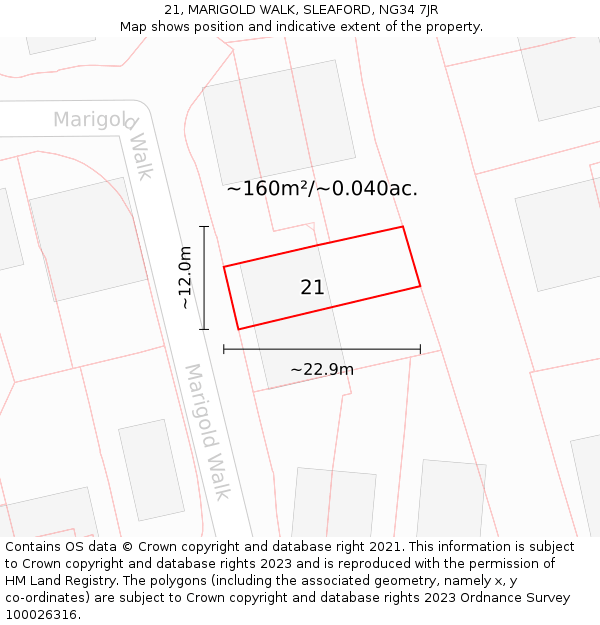 21, MARIGOLD WALK, SLEAFORD, NG34 7JR: Plot and title map