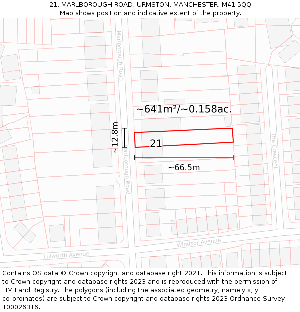 21, MARLBOROUGH ROAD, URMSTON, MANCHESTER, M41 5QQ: Plot and title map