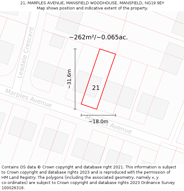 21, MARPLES AVENUE, MANSFIELD WOODHOUSE, MANSFIELD, NG19 9EY: Plot and title map