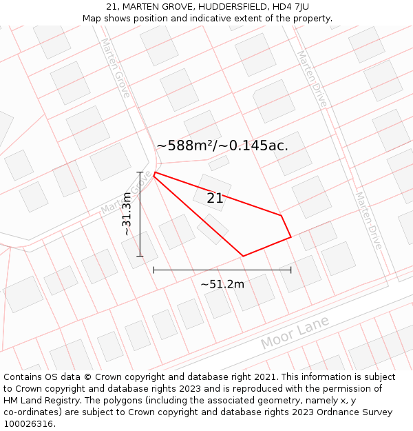 21, MARTEN GROVE, HUDDERSFIELD, HD4 7JU: Plot and title map