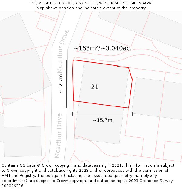 21, MCARTHUR DRIVE, KINGS HILL, WEST MALLING, ME19 4GW: Plot and title map