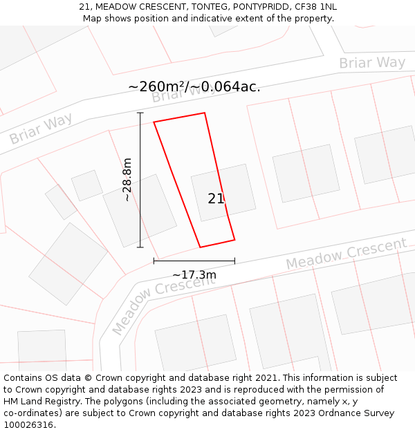 21, MEADOW CRESCENT, TONTEG, PONTYPRIDD, CF38 1NL: Plot and title map