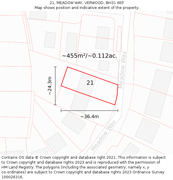 21, MEADOW WAY, VERWOOD, BH31 6EP: Plot and title map