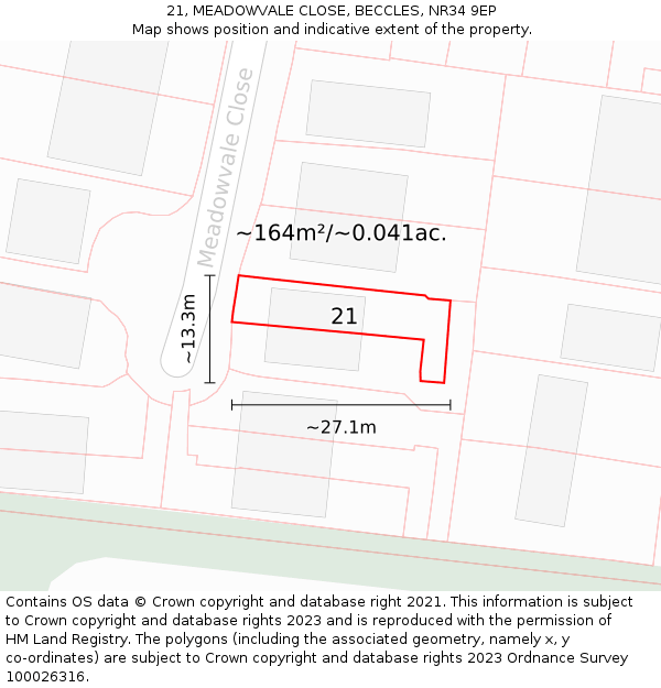 21, MEADOWVALE CLOSE, BECCLES, NR34 9EP: Plot and title map