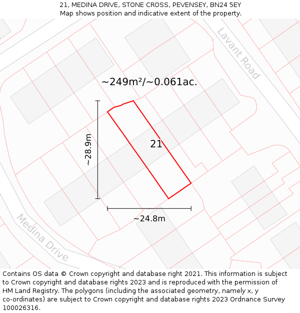 21, MEDINA DRIVE, STONE CROSS, PEVENSEY, BN24 5EY: Plot and title map