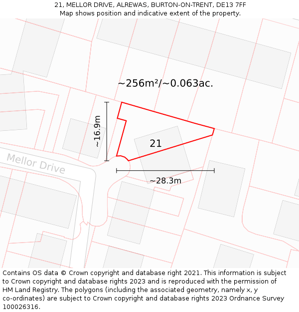 21, MELLOR DRIVE, ALREWAS, BURTON-ON-TRENT, DE13 7FF: Plot and title map