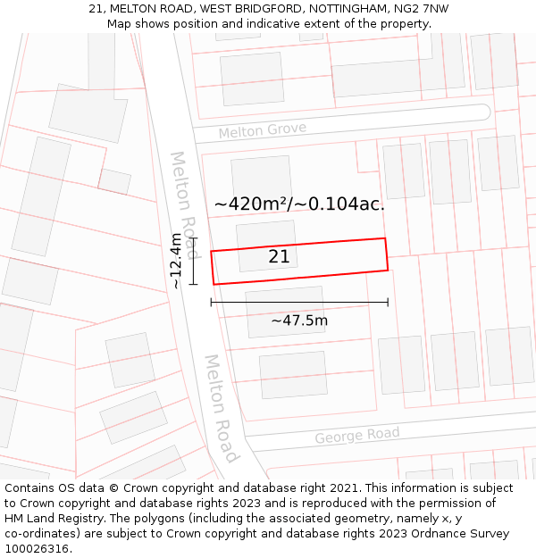 21, MELTON ROAD, WEST BRIDGFORD, NOTTINGHAM, NG2 7NW: Plot and title map