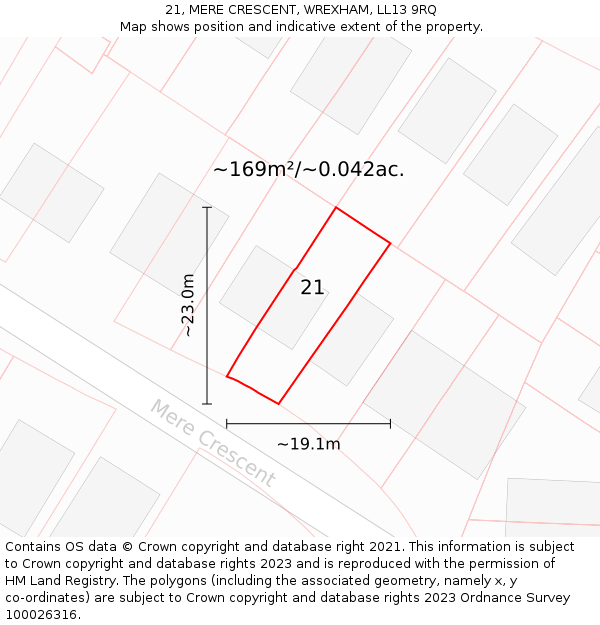 21, MERE CRESCENT, WREXHAM, LL13 9RQ: Plot and title map