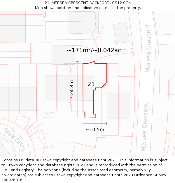 21, MERSEA CRESCENT, WICKFORD, SS12 9GN: Plot and title map