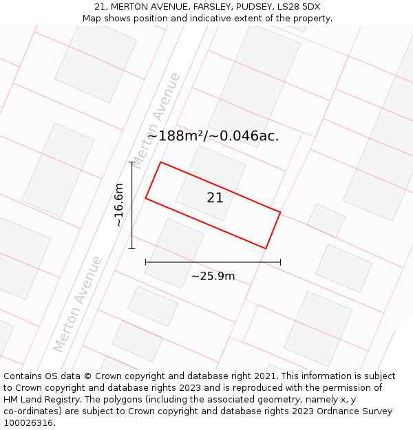 21, MERTON AVENUE, FARSLEY, PUDSEY, LS28 5DX: Plot and title map
