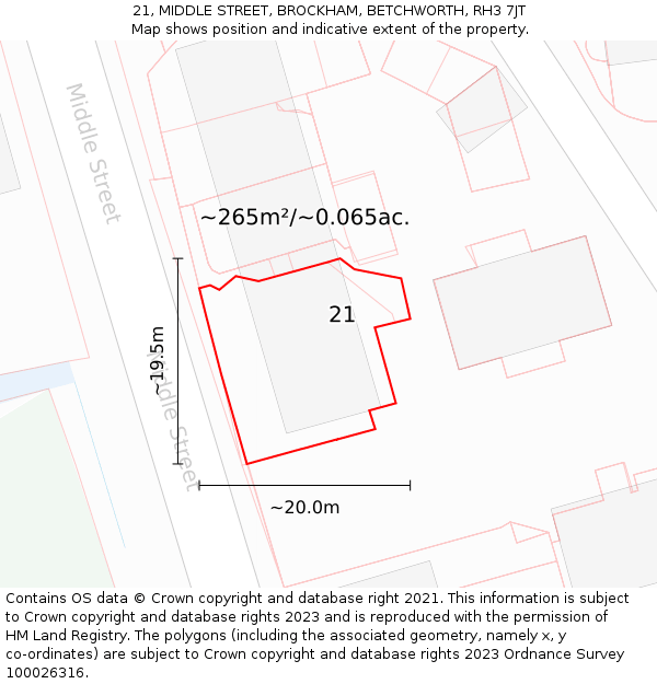 21, MIDDLE STREET, BROCKHAM, BETCHWORTH, RH3 7JT: Plot and title map