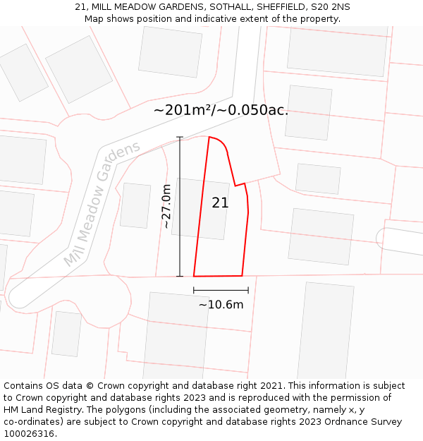 21, MILL MEADOW GARDENS, SOTHALL, SHEFFIELD, S20 2NS: Plot and title map