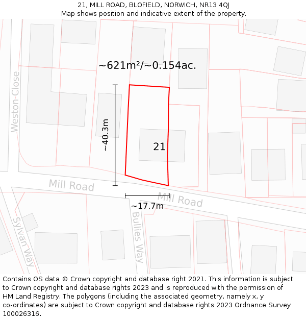 21, MILL ROAD, BLOFIELD, NORWICH, NR13 4QJ: Plot and title map