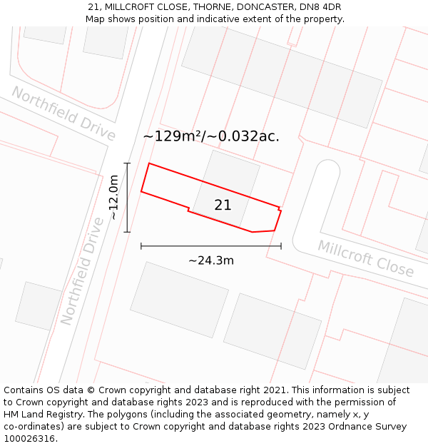 21, MILLCROFT CLOSE, THORNE, DONCASTER, DN8 4DR: Plot and title map
