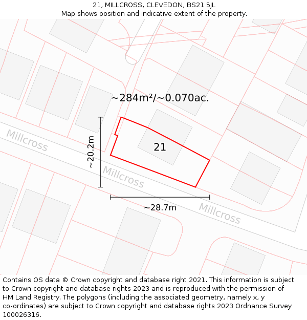 21, MILLCROSS, CLEVEDON, BS21 5JL: Plot and title map