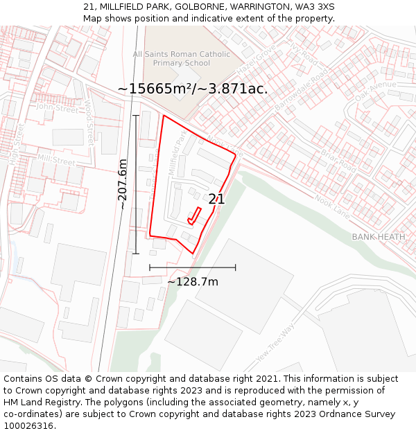 21, MILLFIELD PARK, GOLBORNE, WARRINGTON, WA3 3XS: Plot and title map