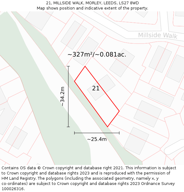 21, MILLSIDE WALK, MORLEY, LEEDS, LS27 8WD: Plot and title map