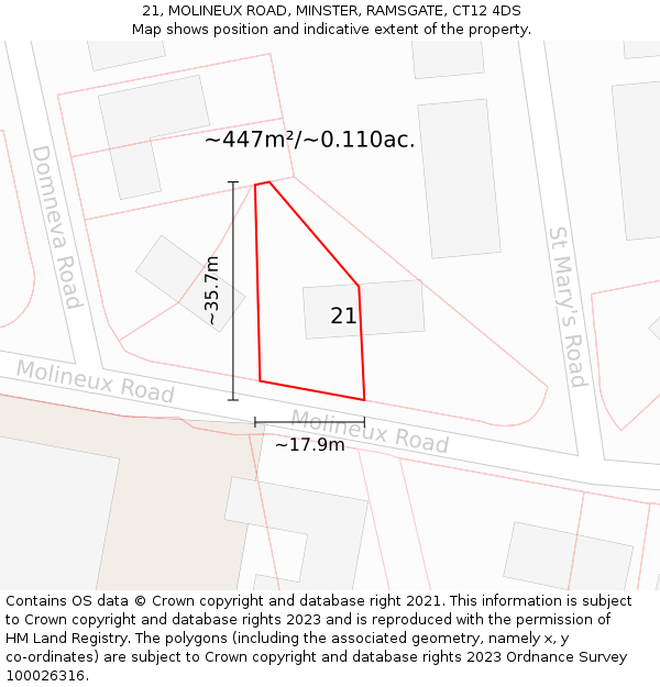 21, MOLINEUX ROAD, MINSTER, RAMSGATE, CT12 4DS: Plot and title map