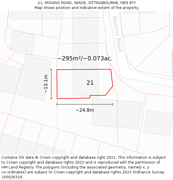 21, MONINS ROAD, IWADE, SITTINGBOURNE, ME9 8TY: Plot and title map