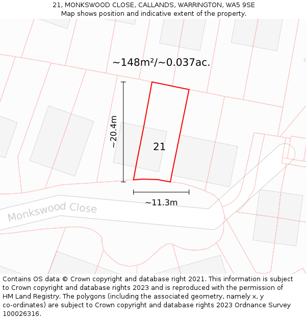 21, MONKSWOOD CLOSE, CALLANDS, WARRINGTON, WA5 9SE: Plot and title map