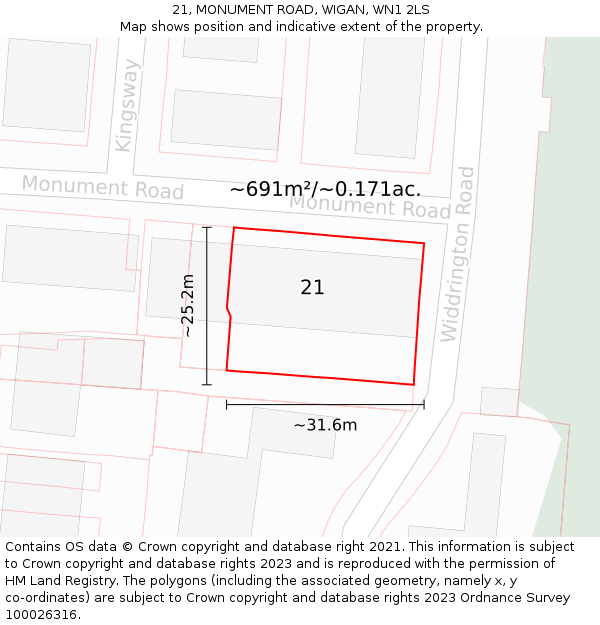 21, MONUMENT ROAD, WIGAN, WN1 2LS: Plot and title map