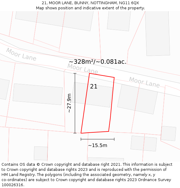 21, MOOR LANE, BUNNY, NOTTINGHAM, NG11 6QX: Plot and title map