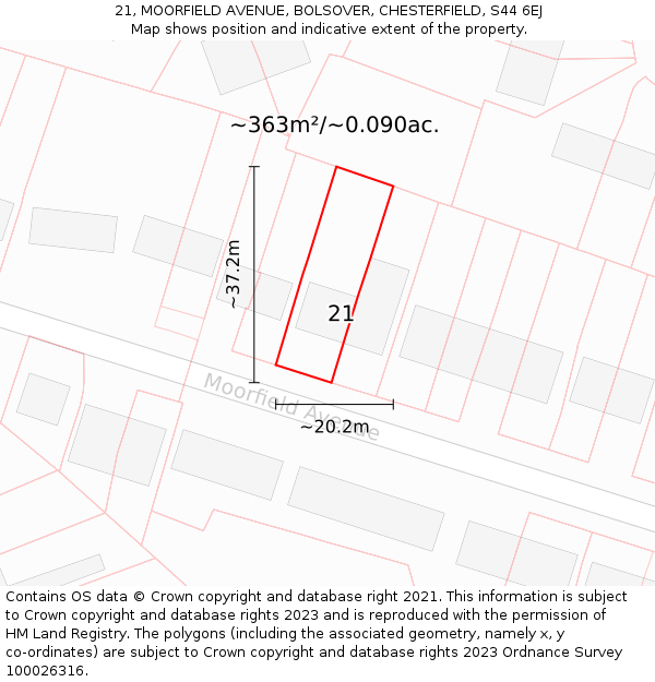21, MOORFIELD AVENUE, BOLSOVER, CHESTERFIELD, S44 6EJ: Plot and title map