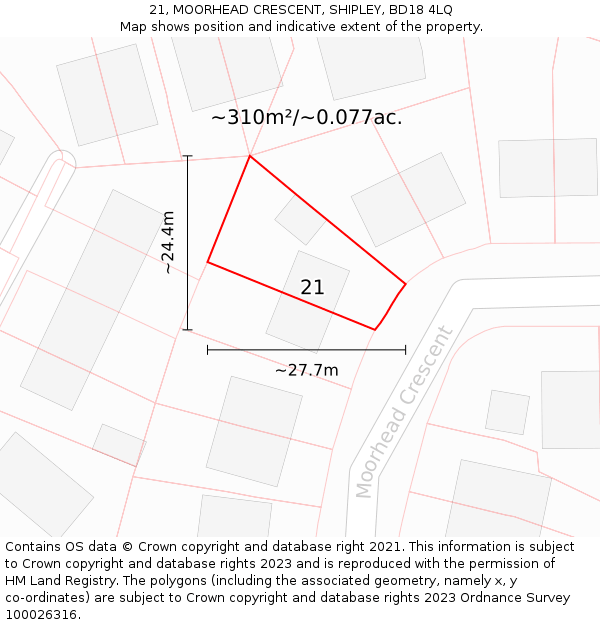 21, MOORHEAD CRESCENT, SHIPLEY, BD18 4LQ: Plot and title map