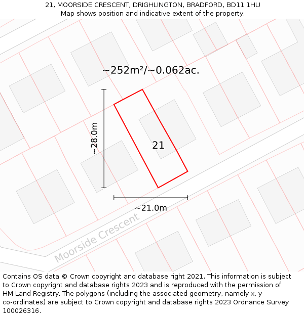 21, MOORSIDE CRESCENT, DRIGHLINGTON, BRADFORD, BD11 1HU: Plot and title map