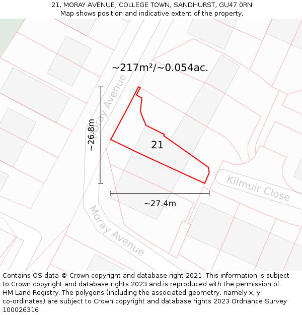 21, MORAY AVENUE, COLLEGE TOWN, SANDHURST, GU47 0RN: Plot and title map