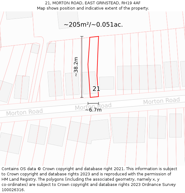 21, MORTON ROAD, EAST GRINSTEAD, RH19 4AF: Plot and title map