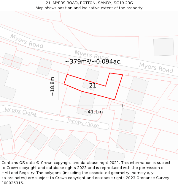 21, MYERS ROAD, POTTON, SANDY, SG19 2RG: Plot and title map