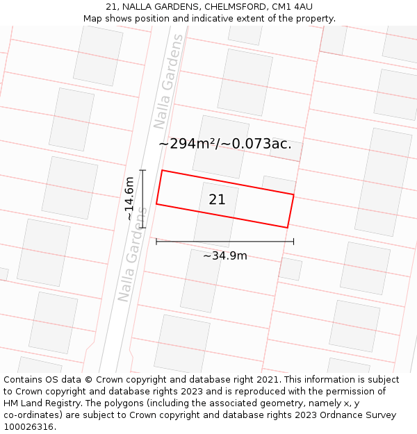 21, NALLA GARDENS, CHELMSFORD, CM1 4AU: Plot and title map