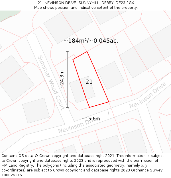 21, NEVINSON DRIVE, SUNNYHILL, DERBY, DE23 1GX: Plot and title map