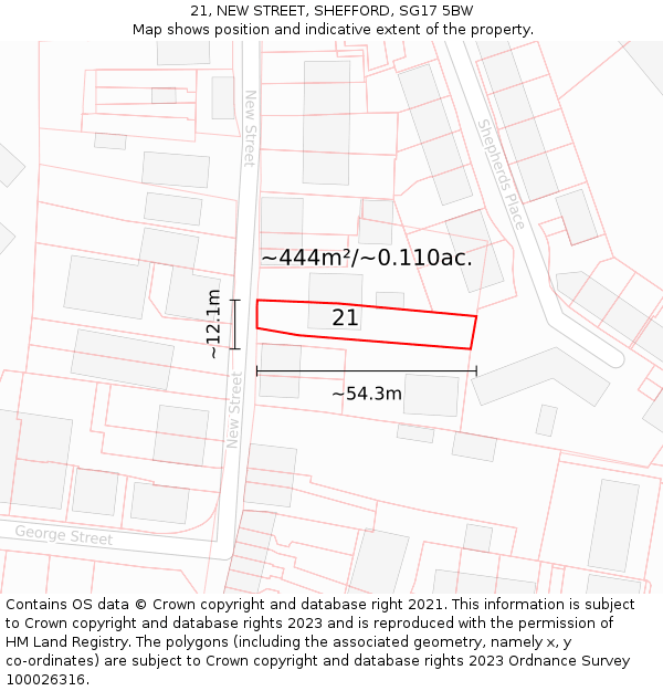 21, NEW STREET, SHEFFORD, SG17 5BW: Plot and title map