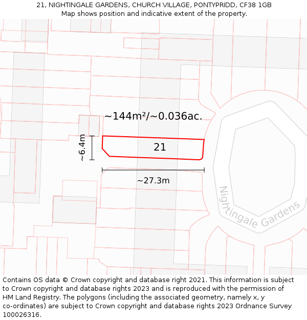 21, NIGHTINGALE GARDENS, CHURCH VILLAGE, PONTYPRIDD, CF38 1GB: Plot and title map