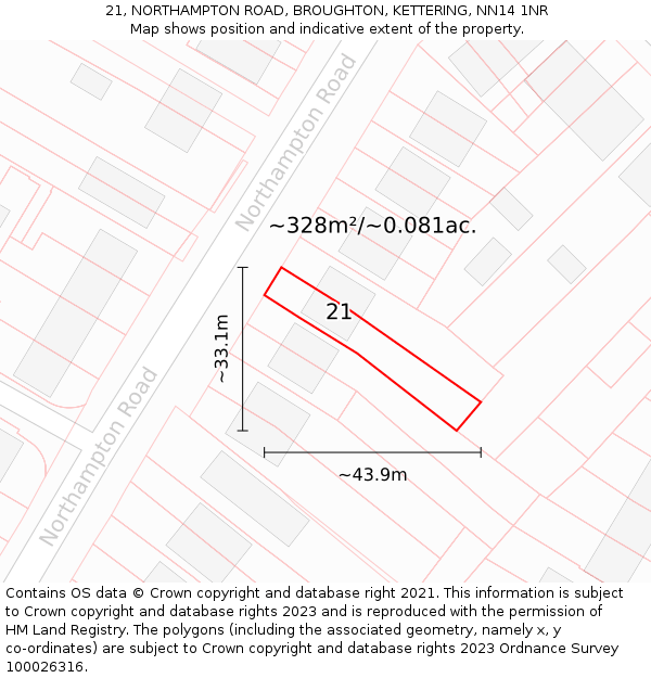 21, NORTHAMPTON ROAD, BROUGHTON, KETTERING, NN14 1NR: Plot and title map