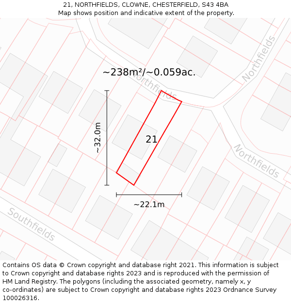 21, NORTHFIELDS, CLOWNE, CHESTERFIELD, S43 4BA: Plot and title map