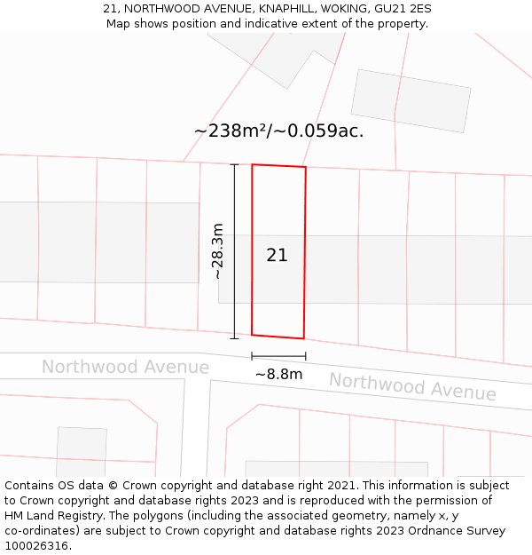 21, NORTHWOOD AVENUE, KNAPHILL, WOKING, GU21 2ES: Plot and title map