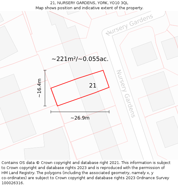 21, NURSERY GARDENS, YORK, YO10 3QL: Plot and title map