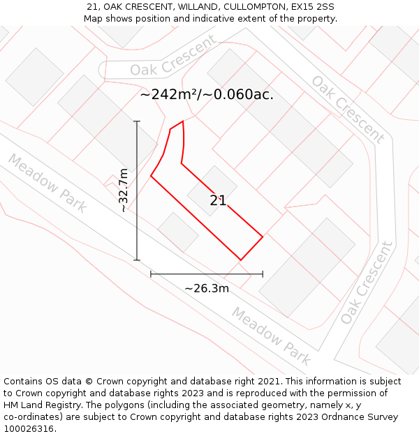 21, OAK CRESCENT, WILLAND, CULLOMPTON, EX15 2SS: Plot and title map