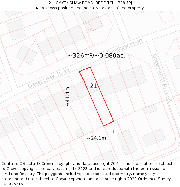 21, OAKENSHAW ROAD, REDDITCH, B98 7PJ: Plot and title map