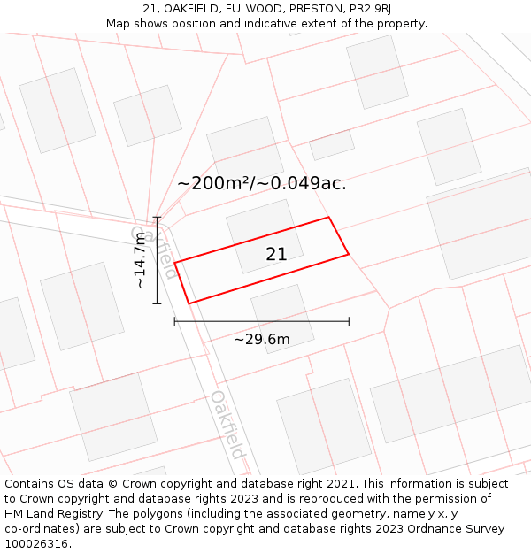 21, OAKFIELD, FULWOOD, PRESTON, PR2 9RJ: Plot and title map
