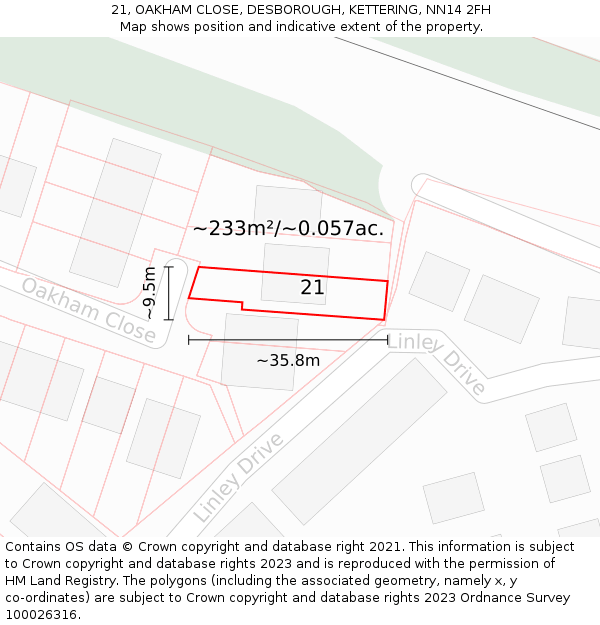 21, OAKHAM CLOSE, DESBOROUGH, KETTERING, NN14 2FH: Plot and title map