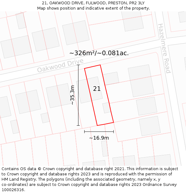 21, OAKWOOD DRIVE, FULWOOD, PRESTON, PR2 3LY: Plot and title map