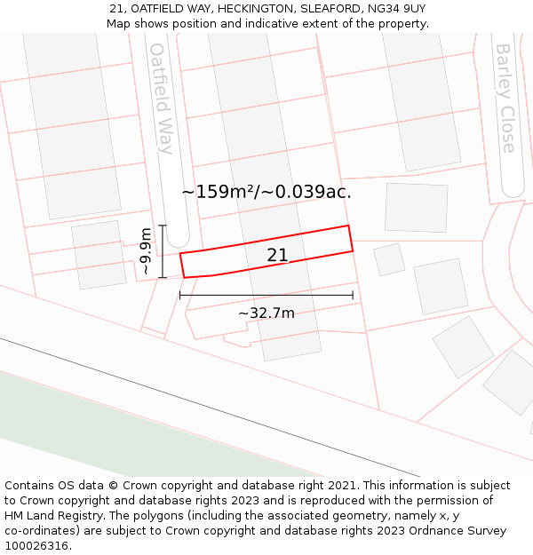 21, OATFIELD WAY, HECKINGTON, SLEAFORD, NG34 9UY: Plot and title map
