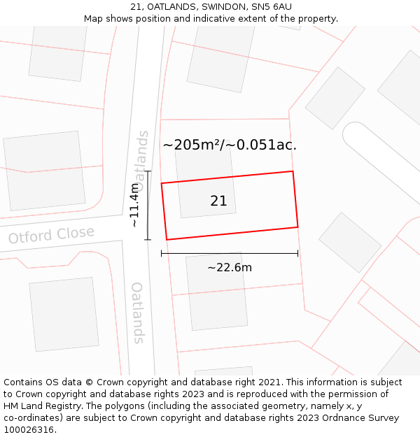 21, OATLANDS, SWINDON, SN5 6AU: Plot and title map