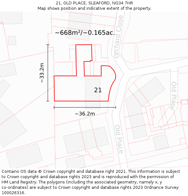 21, OLD PLACE, SLEAFORD, NG34 7HR: Plot and title map